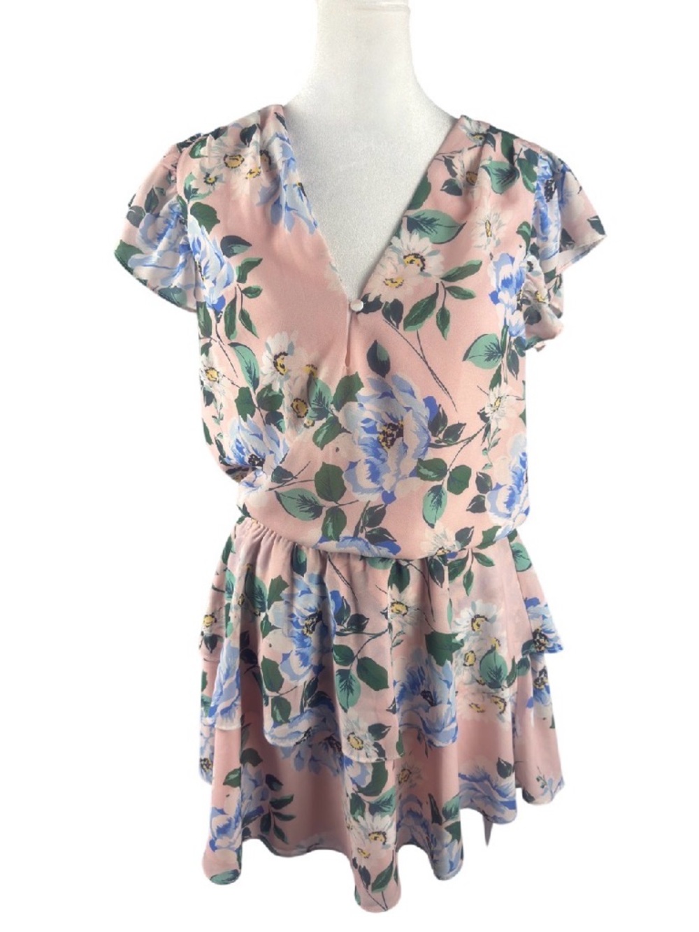 Yumi Kim NWT Pink Blue Floral Flutter Sleeve Tiered Mini Dress Size M
